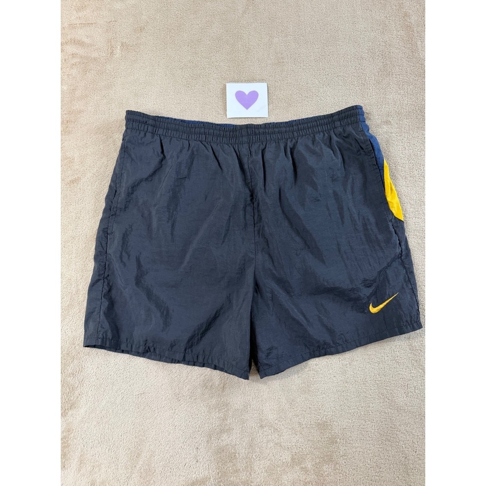 Vintage Nike Big Swoosh Swim Trunks shorts Mens M Navy Blue Yellow Nylon EUC
